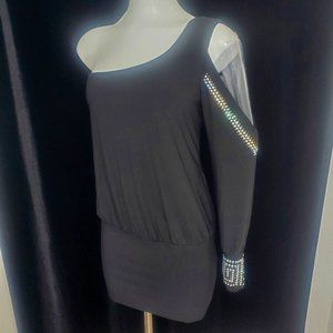 Deb Black 1 Open Shoulder Sleeve Cocktail Dress, Jeweled Sleeve & Cuff Size Med.